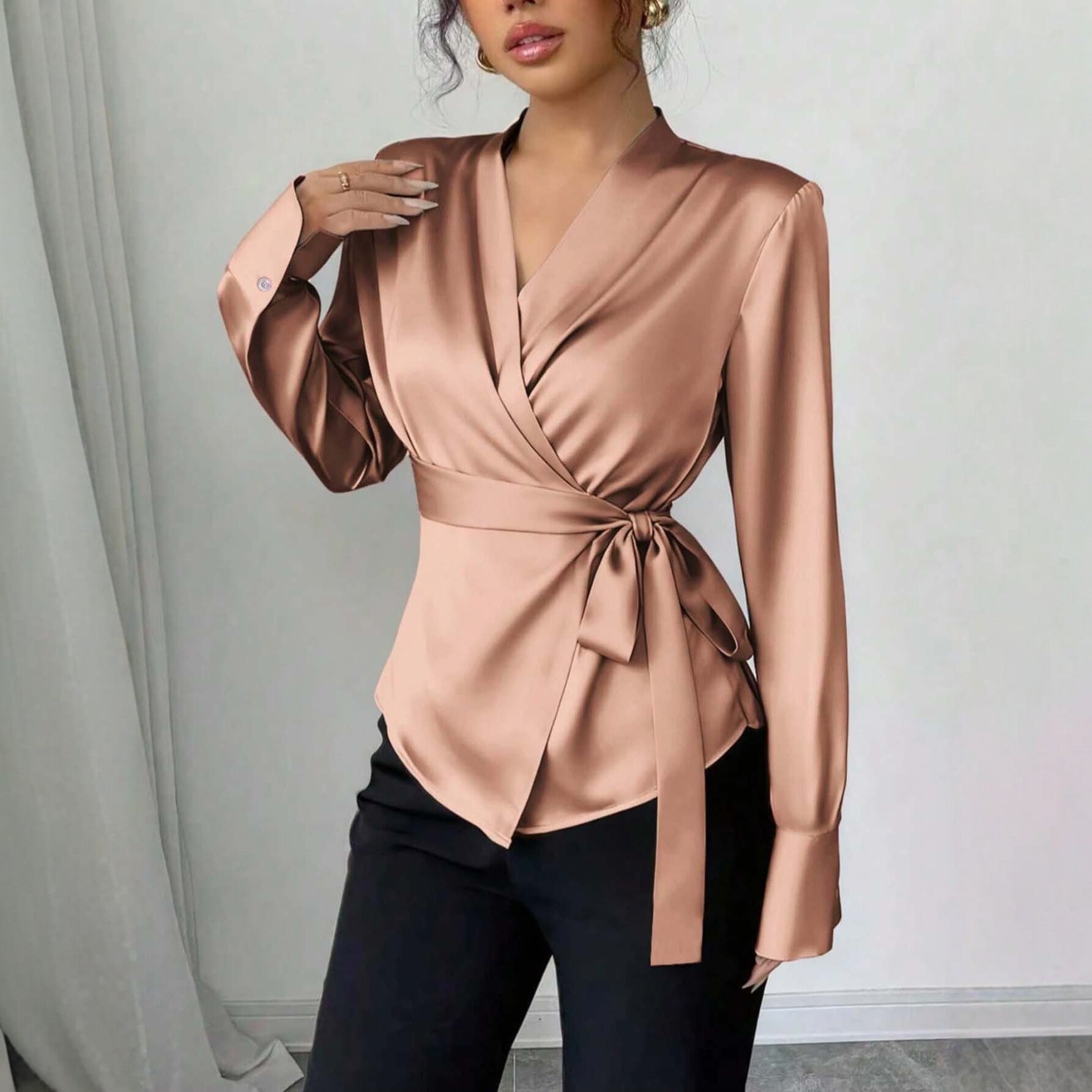 Damen Satin-Wickelbluse mit V-Ausschnitt, Taillengürtel und schmalem Manschettenärmel Chichicherry