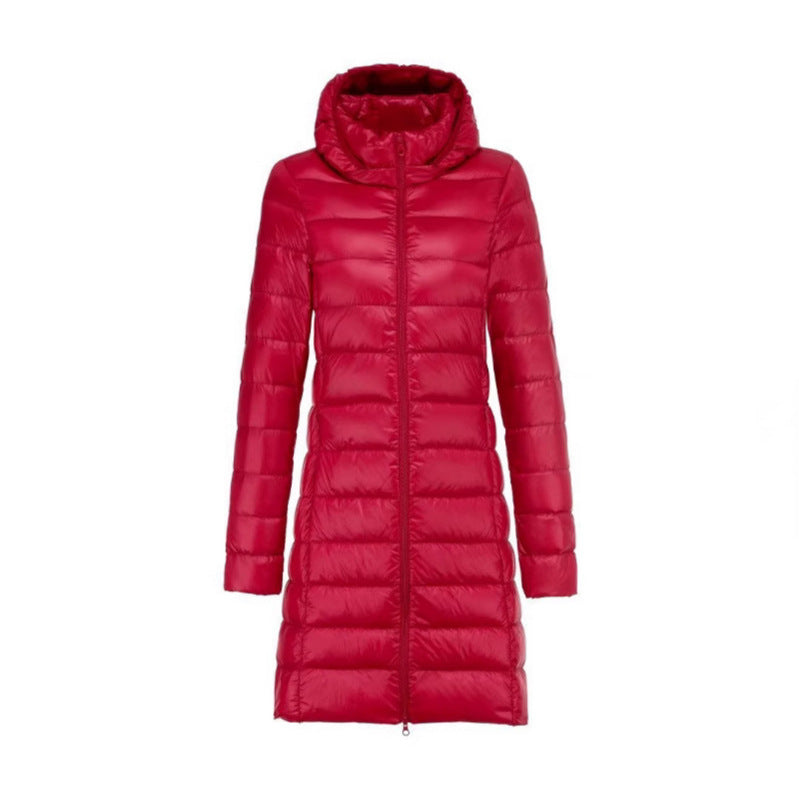 Women Long Cut Ultra-Light Thermal Parka with Contoured Silhouette and Hood Chichicherry