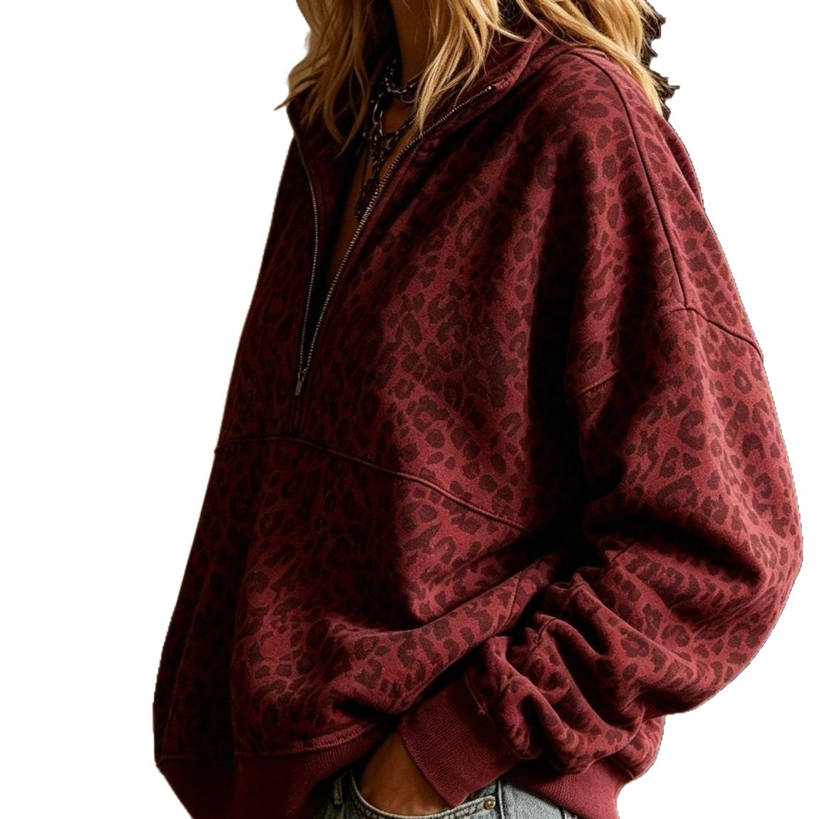 Women's Oversized Sweatshirt with Half Zipper and Leopard Print