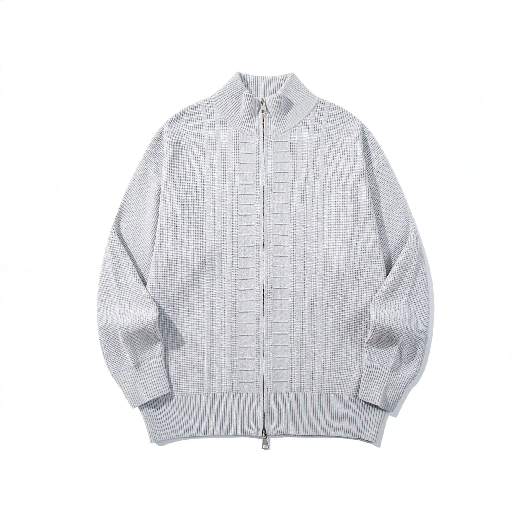 Men's chunky knit zip jacket with stand-up collar and two-way opening zipper Chichicherry