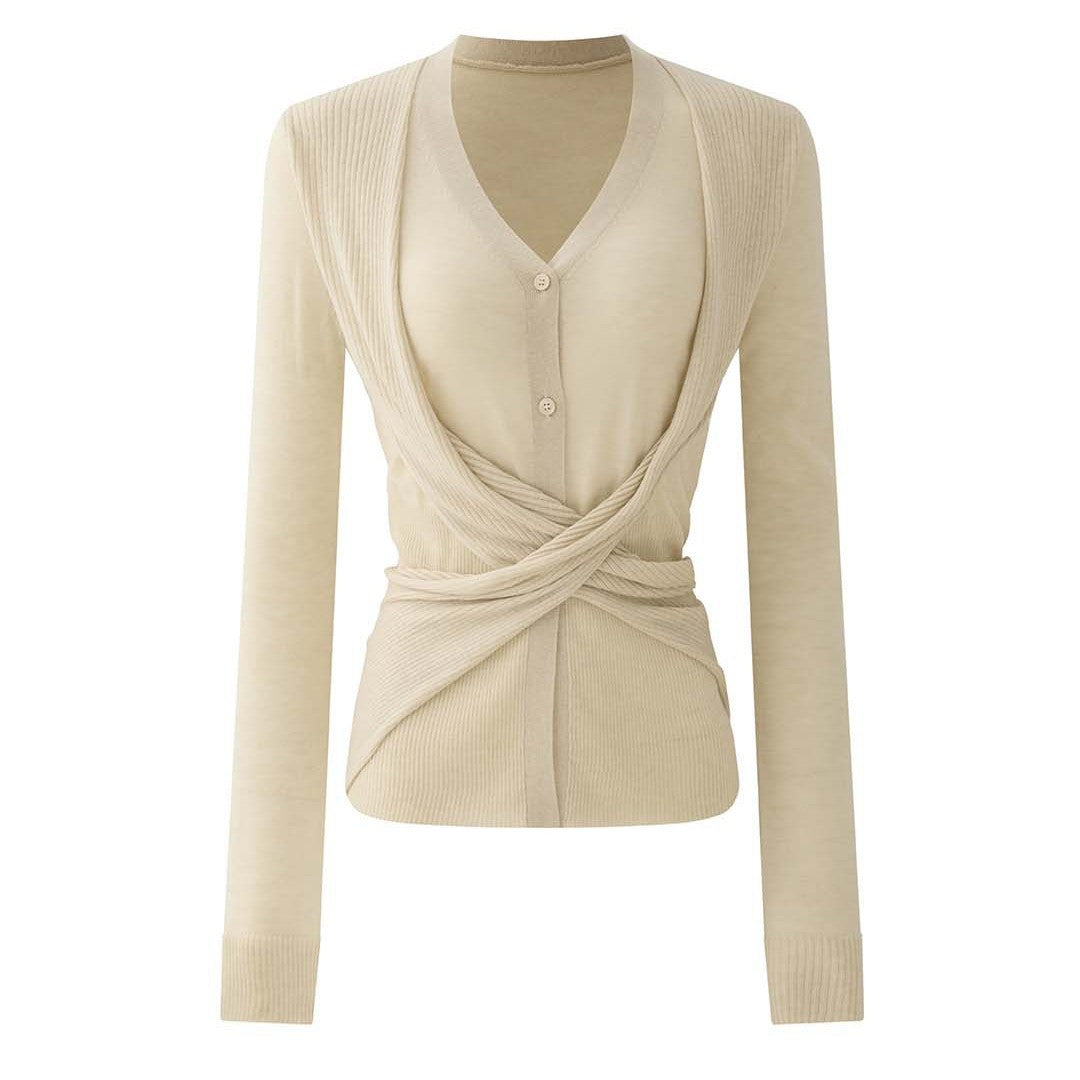 Ladies Fine V-Neck Cardigan with Long Shawl Edges and Ribbed Hem Chichicherry