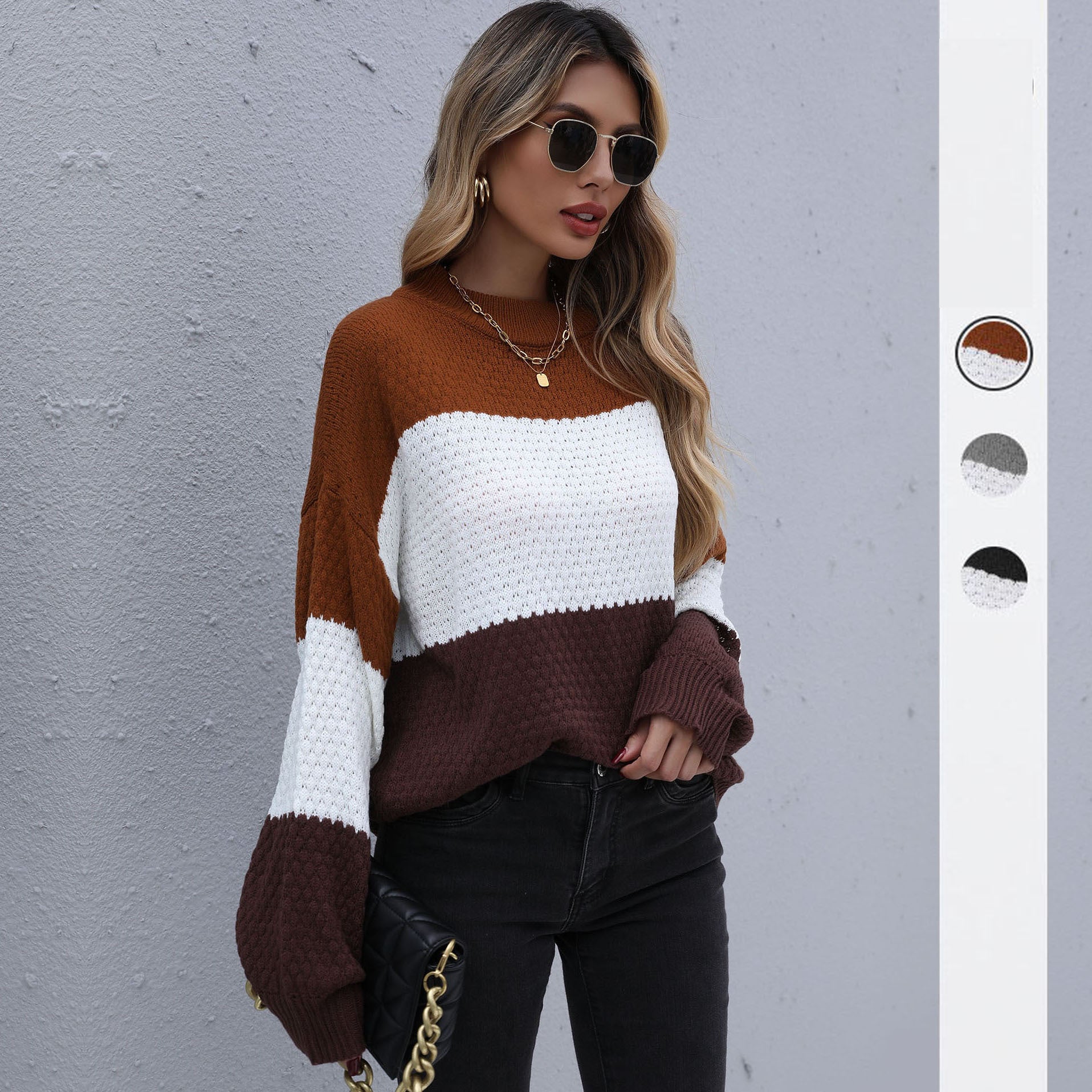 Women's color block knitted sweater with chunky texture knit and drop shoulder Chichicherry