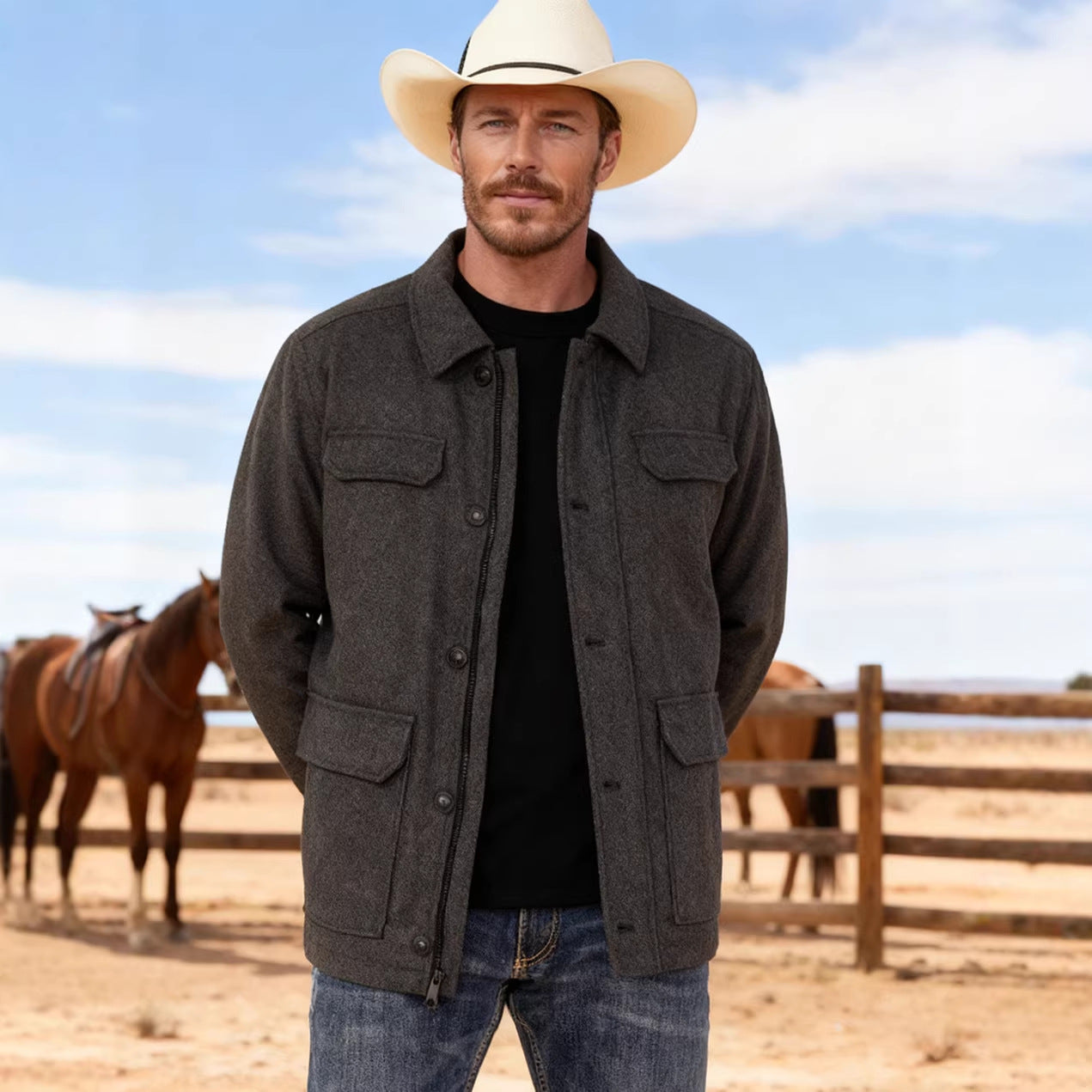 Men's Wool Blend Field Jacket with Flap Pockets, Full Button Placket and Shirt Collar Chichicherry