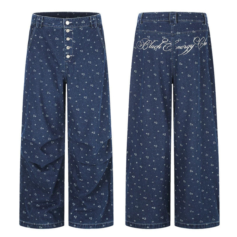 Women's High-Waist Culotte Jeans in Palazzo Cut with Visible Button Placket and Fine Floral Print Chichicherry