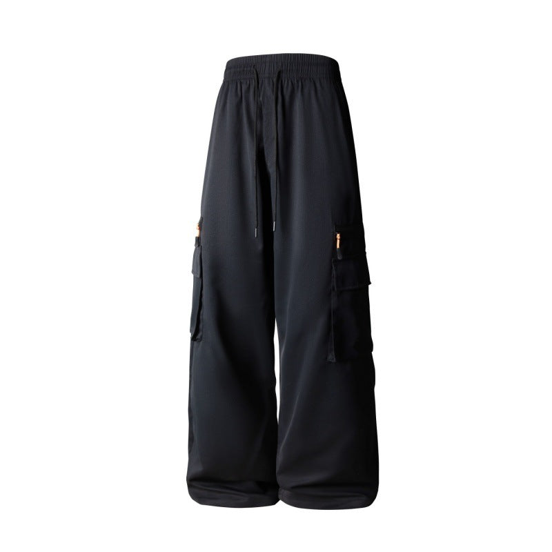 Men's Wide Cargo Pants in Oversized Cut with Elastic Drawstring Waistband and Multifunctional Pockets Chichicherry