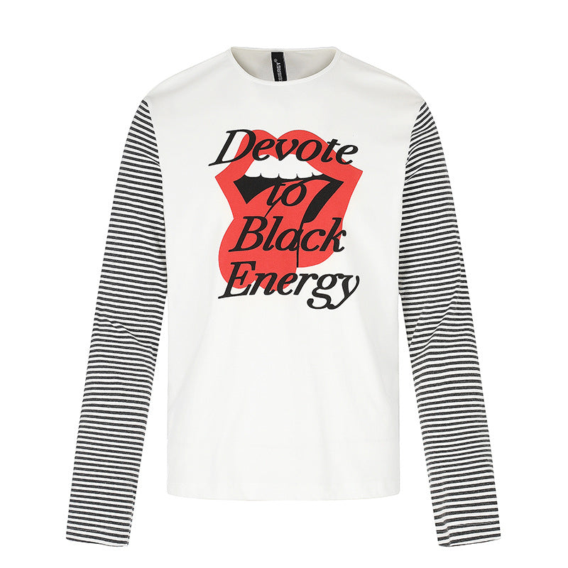 Men's Long Sleeve Shirt with Contrast Stripe Sleeves and Large Lip Statement Print Chichicherry
