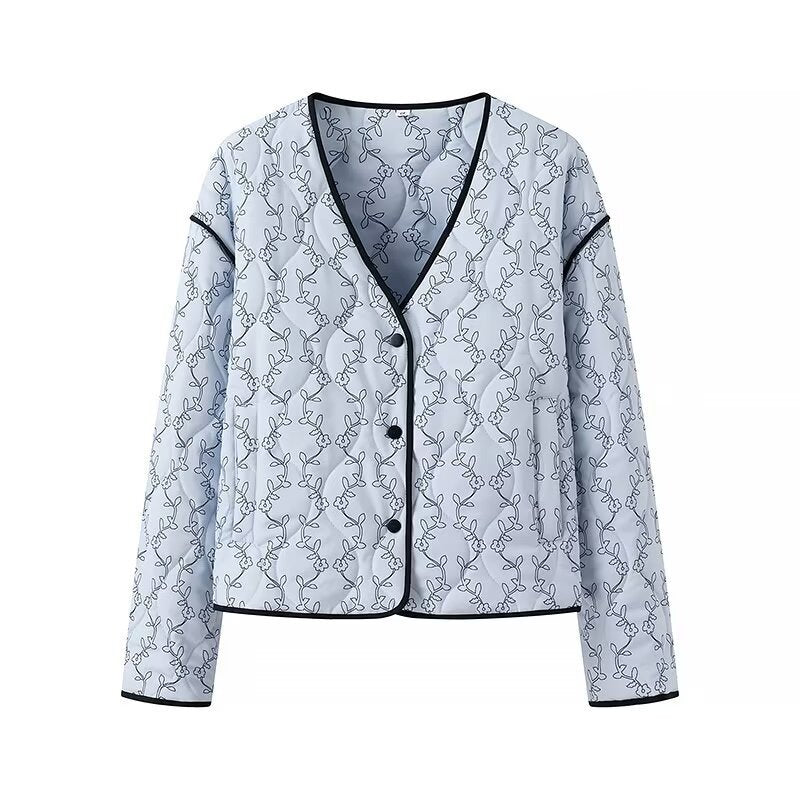Women's quilted short jacket with V-neck, contrast piping, and floral quilted application Chichicherry