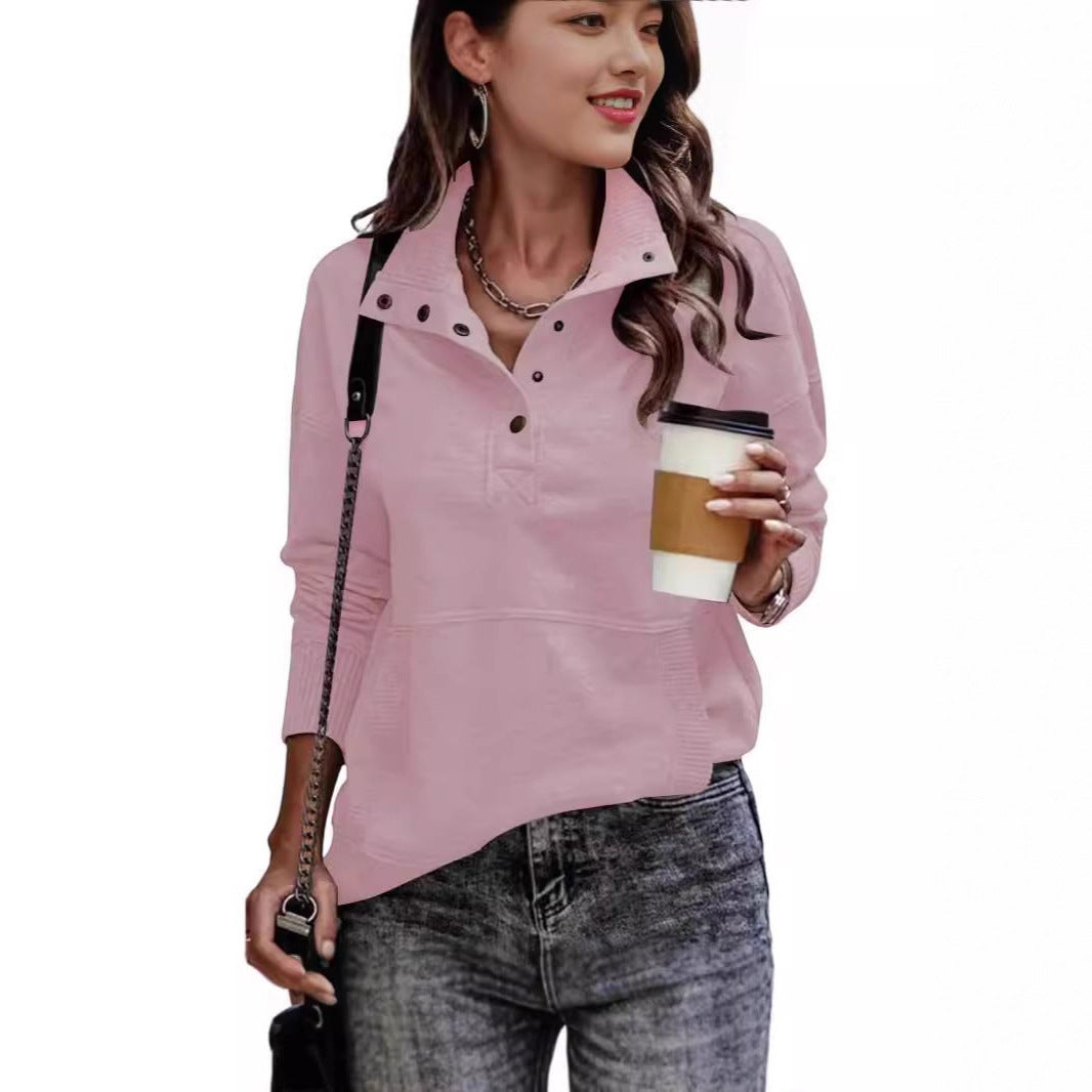 Women's sweat pullover with stand-up collar button placket and kangaroo pocket Chichicherry
