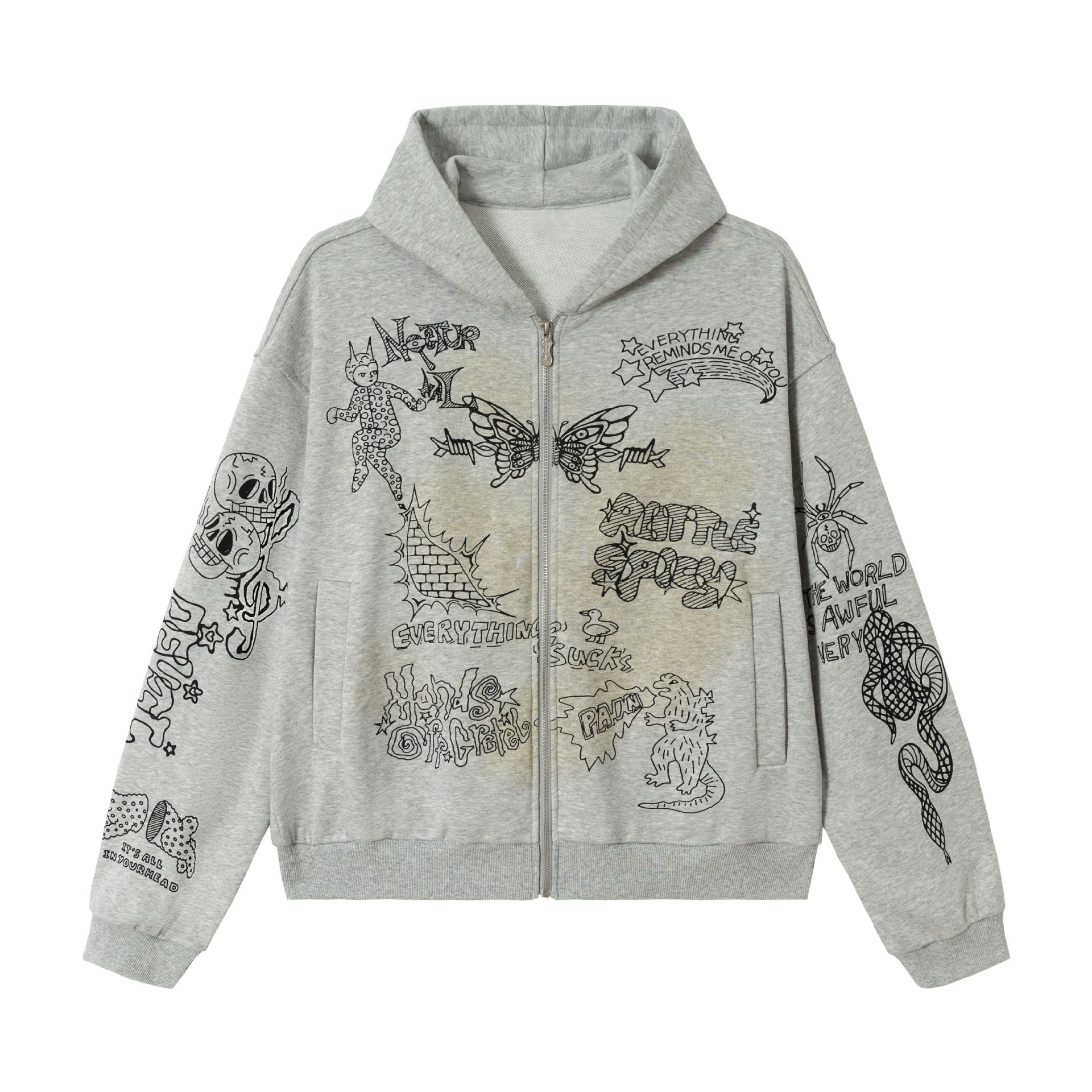 Women Oversized Hooded Jacket with Zipper, High Collar and Graphic Tattoo Prints Chichicherry
