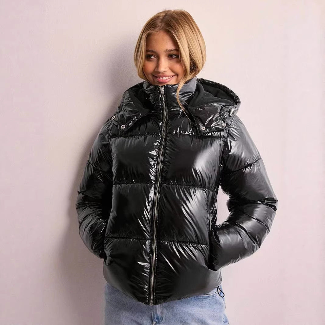 Women's quilted puffer jacket with hood, high stand-up collar, and two-way zipper Chichicherry