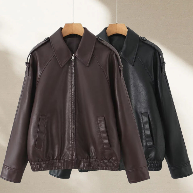 Women's Oversized Faux Leather Flight Jacket with Bonded Collar, Shoulder Epaulettes, and Elastic Hem Chichicherry