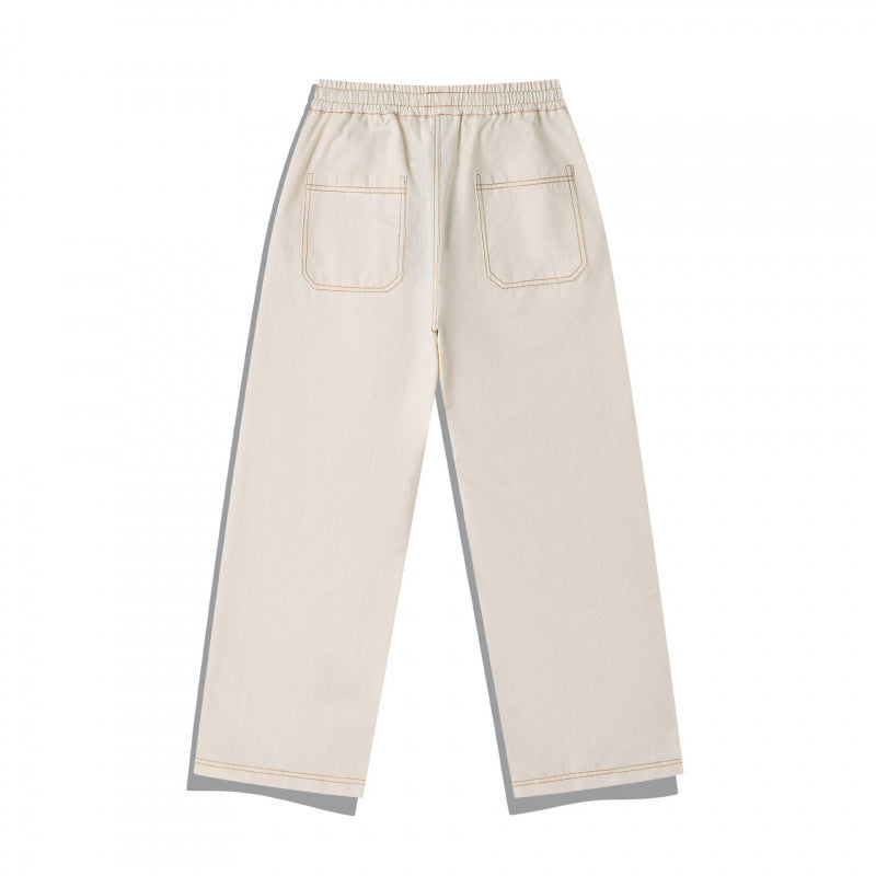 Unisex Wide Denim Pants with Elastic Waistband, Drawstring and Quilted Knee Patch Chichicherry