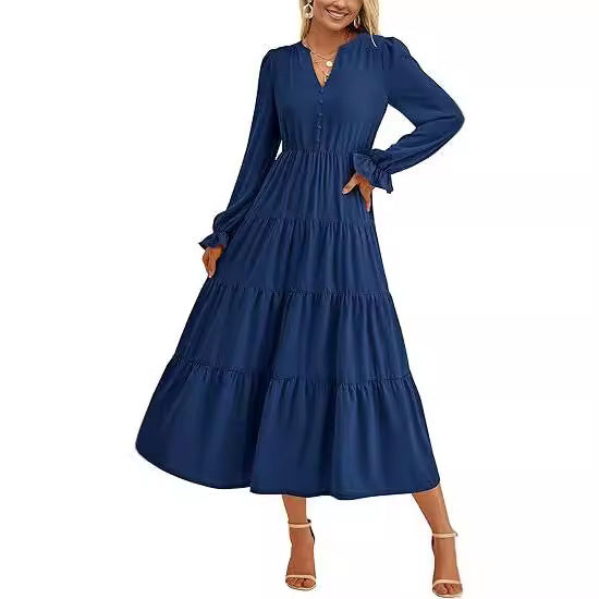 Women's Tiered Midi Dress with V-Neck, Gathered Waist Seam and Ruffle Cuffs Chichicherry