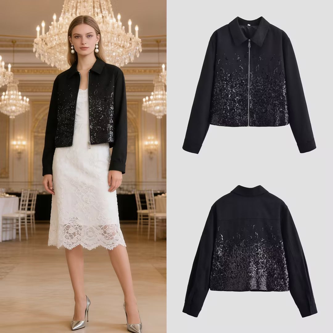 Women's short jacket with full-length zipper and gradient sequin trim Chichicherry