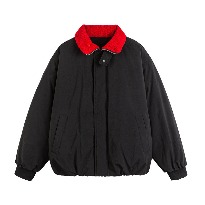 Unisex Short Cut Boxy Bomber Jacket with Teddy Turn-Down Collar and Concealed Front Chichicherry