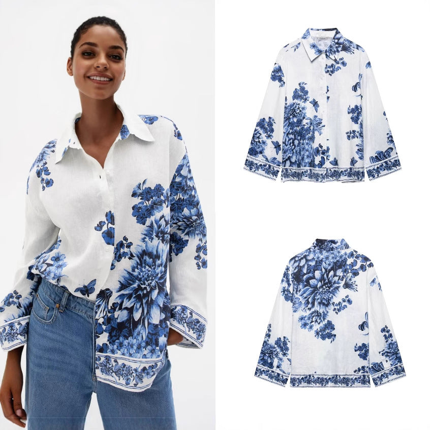 Women's Loose Shirt with Floral Allover Print and Continuous Button Placket Chichicherry