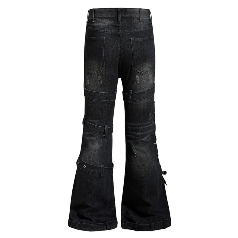 Women's Bondage-Flared-Jeans with decorative buckles, straps and used look Chichicherry