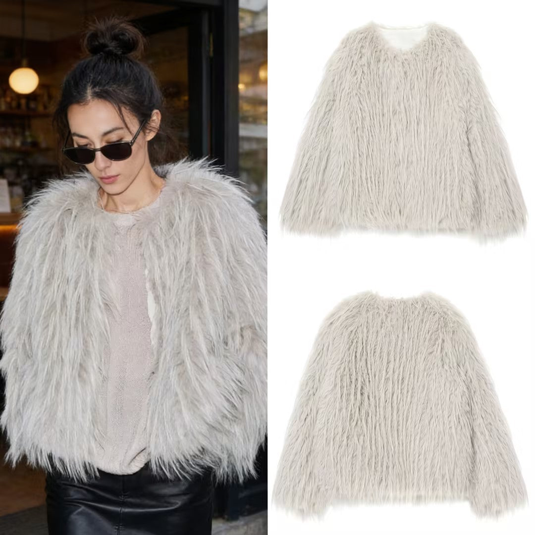 Women's Faux Fur Coat with Long Shaggy Fur and Round Neckline Chichicherry