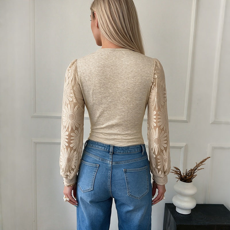 Women's Figure-Hugging Lace Bodysuit with V-Neck, Embroidered Mesh Sleeves, and Tailored Cut Chichicherry