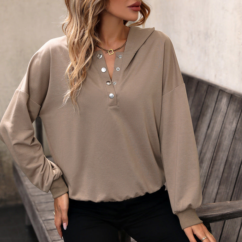 Women’s Hooded Henley Pullover with Snap Placket, Drop Shoulder and Ribbed Hem Chichicherry
