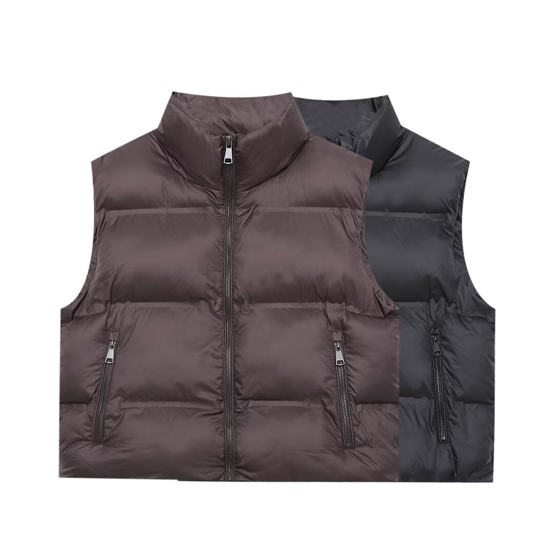 Ladies Padded Cropped Quilted Vest with High Stand-Up Collar and Zipper Pockets Chichicherry
