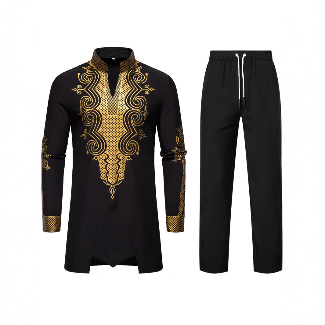 Men's Traditional Embroidered Tunic Set with Mandarin Collar and Elastic Pants Chichicherry