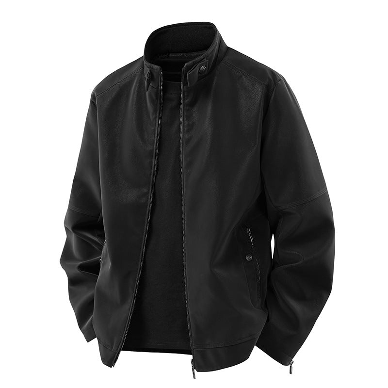 Men's Casual Leather-Look Blouson with Stand-Up Collar and Concealed Zipper Chichicherry