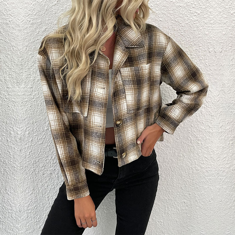 Women's Checked Cropped Transitional Jacket with Shirt Collar Chichicherry