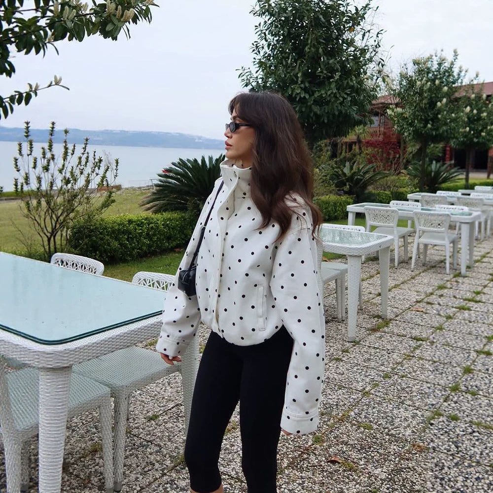 Women's Oversize Blouson with Stand-Up Collar and Polka Dot Print Chichicherry