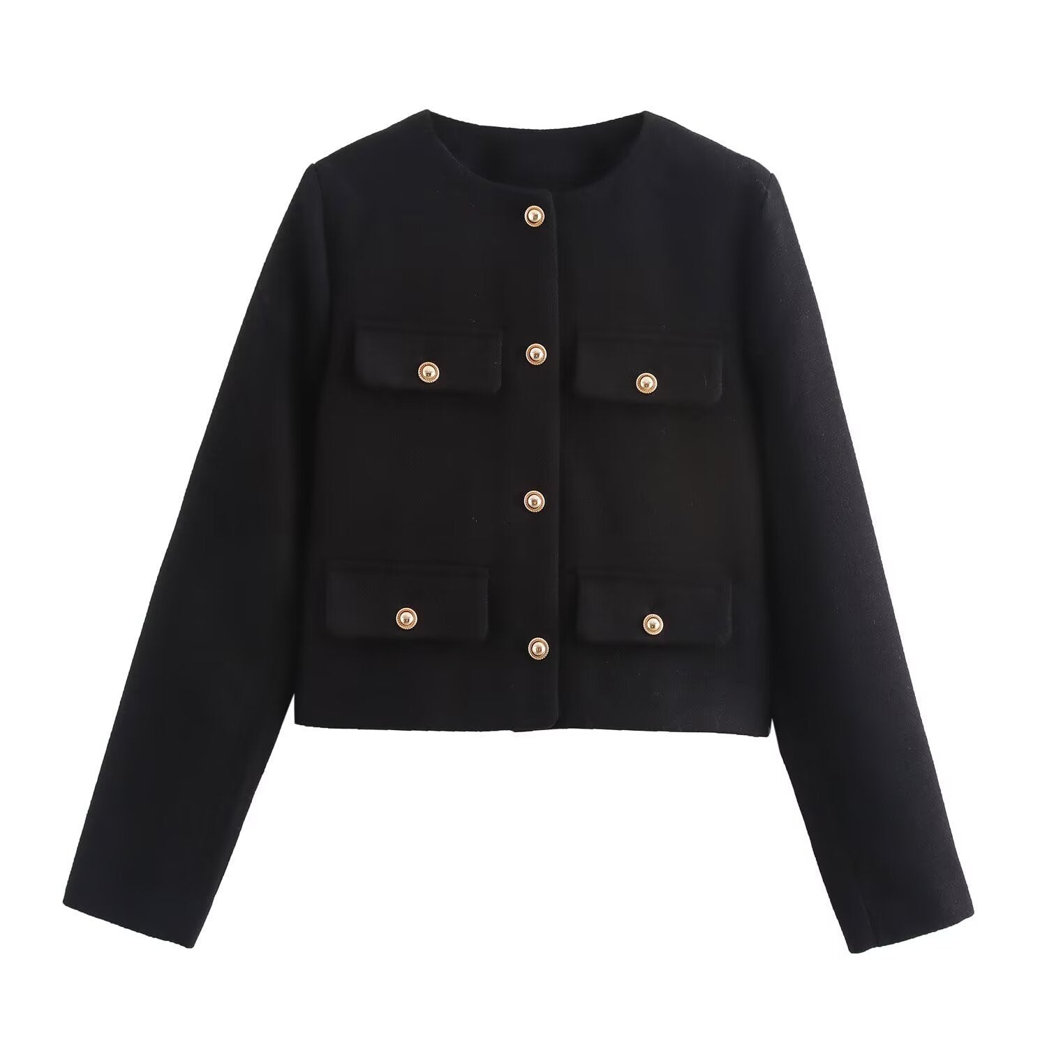 Women Short Boucle Blazer Jacket with Round Neck, Decorative Pocket Flaps, and Gold-Colored Buttons Chichicherry