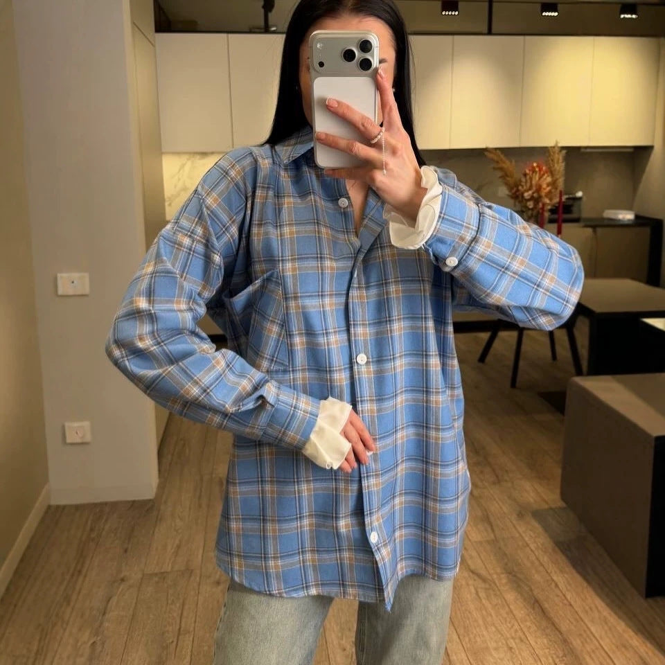 Damen Kariertes Flanell-Overshirt mit Hemdblusenkragen, Relaxed-Fit und aufgesetzter Brusttasche Chichicherry