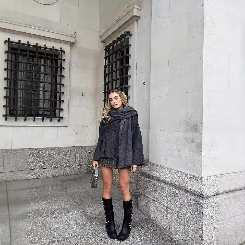 Women's Layered Poncho with Sleeves and Button Collar Chichicherry