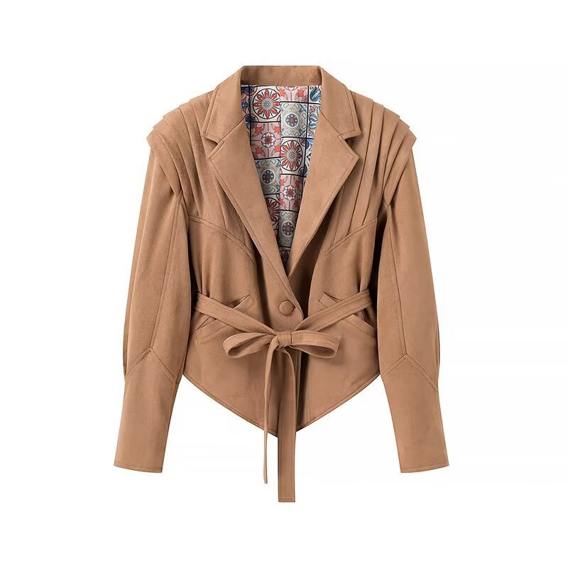 Women Suede Wrap Jacket with Waist Belt and Structured Shoulder Details Chichicherry