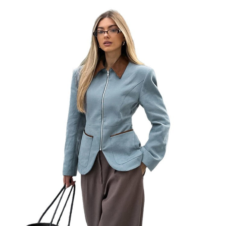 Women's Fitted Velvet Blazer with Zipper and Contrast Collar Chichicherry