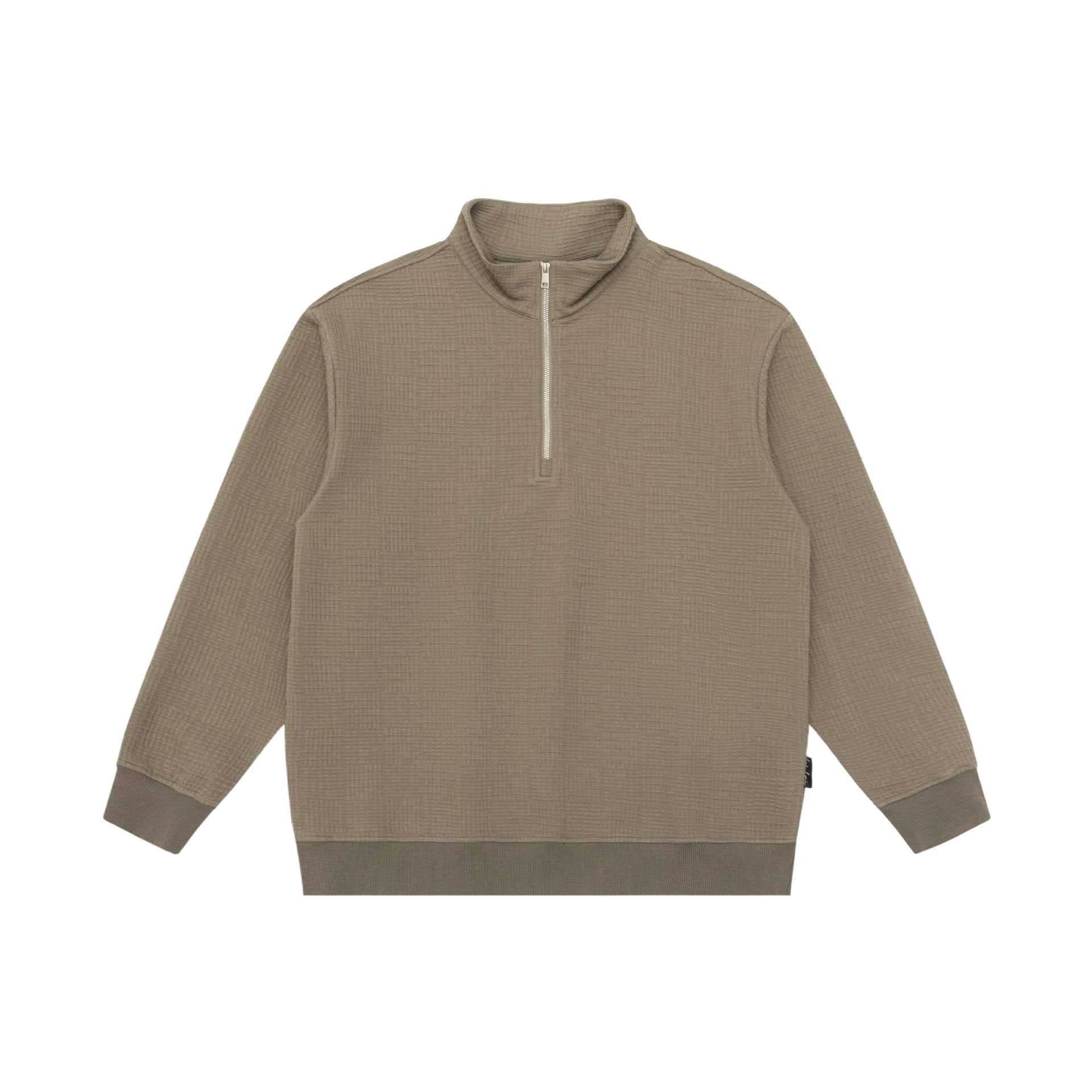 Unisex Structured Waffle Knit Half Zip Sweater with Stand-Up Collar and Ribbed Cuffs Chichicherry