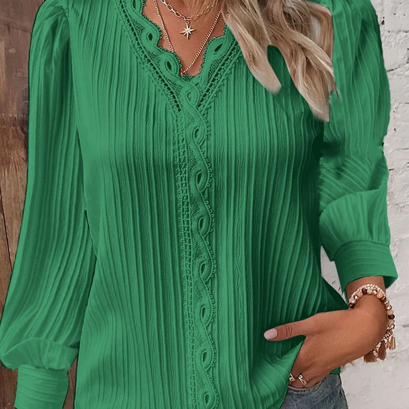 Women Pleated V-Neck Blouse with Lace Trim and Balloon Sleeves Chichicherry