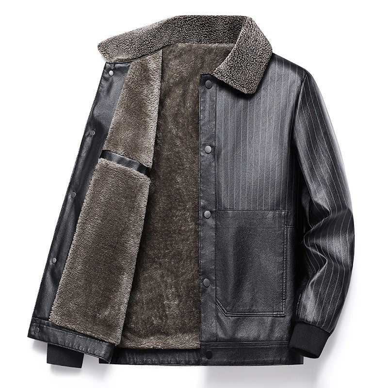 Men's Faux Leather Blouson with Sherpa Collar, Warm Teddy Lining and Pinstripe Detail Chichicherry