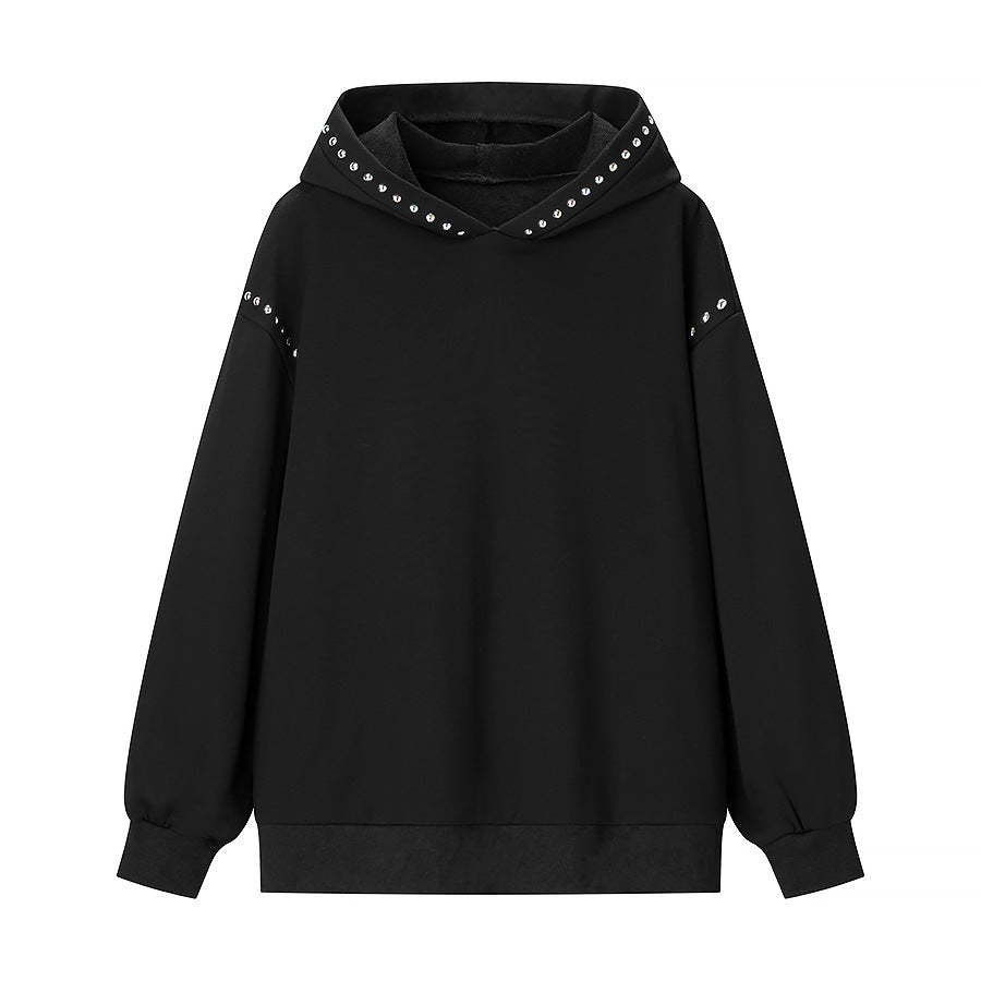 Women's Oversized Hooded Sweater with Studded Trim and Balloon Sleeves Chichicherry