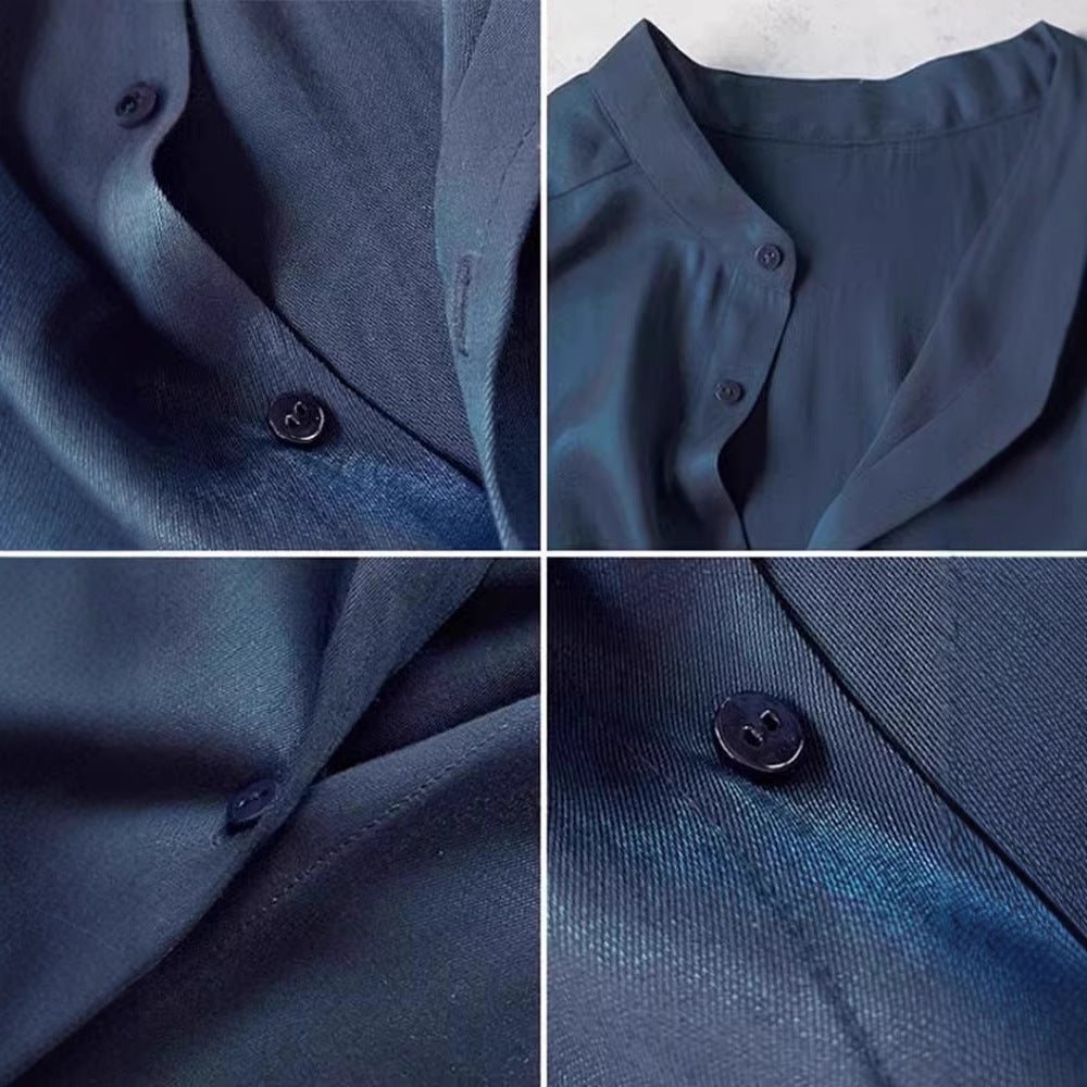 Ladies Elegant Satin Blouse with Stand-Up Collar Drune