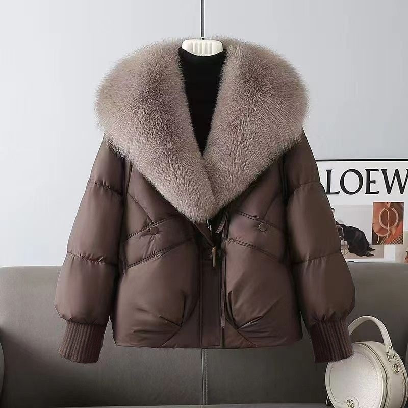 Women nan short padded jacket with voluminous faux fur collar and waist draw Chichicherry