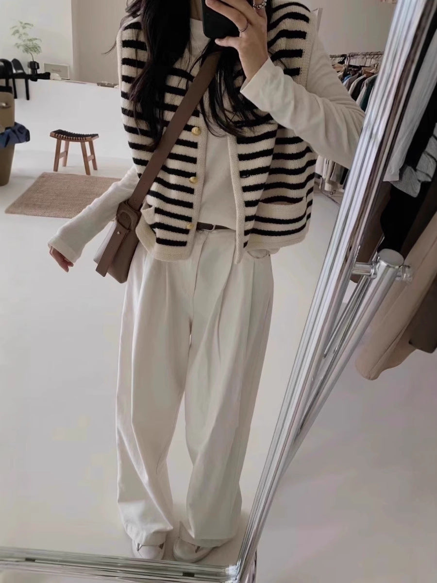 Ladies Short Striped Knit Vest with Gold-Colored Buttons and Patch Pockets Chichicherry