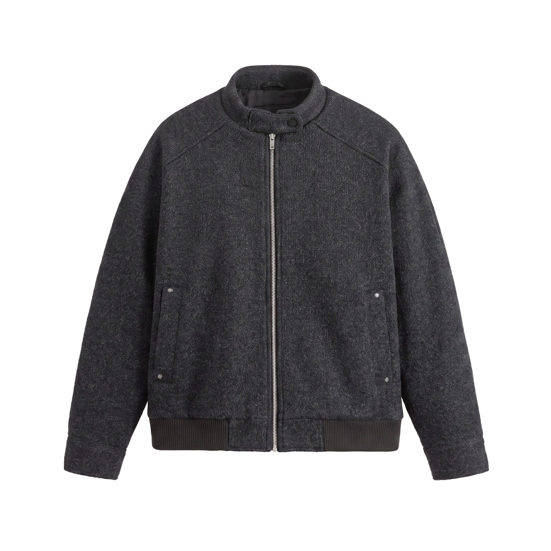 Men's Short Boxy Wool Mix Bomber with Stand-Up Collar and Ribbed Hem Chichicherry