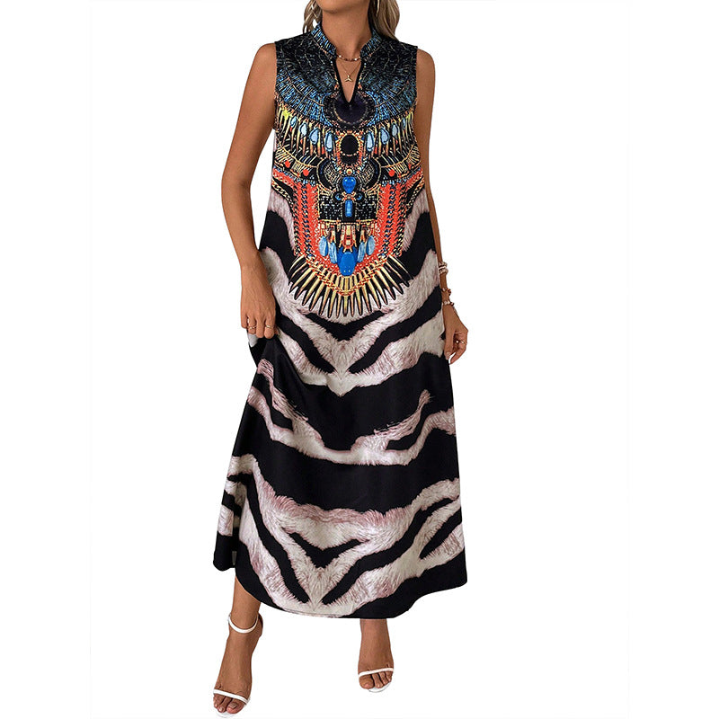 Women's Sleeveless Maxi Dress with Statement Neck Print, Ethnic Motif and Flared A-Line Silhouette Chichicherry