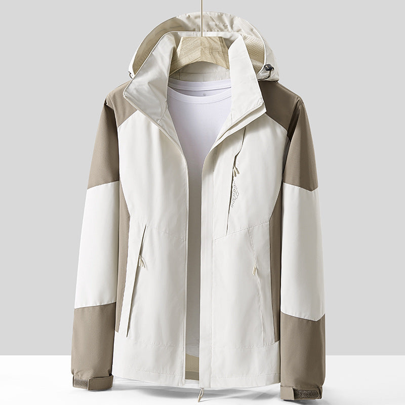 Unisex Breathable Softshell Outdoor Jacket in Colorblock Design with Adjustable Hood and Concealed Two-Way Zipper Chichicherry