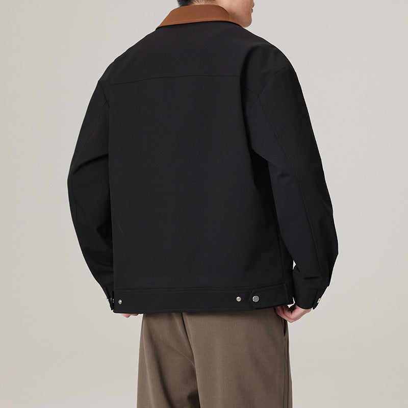 Men's short jacket in workwear look with contrast collar, concealed zipper, and chest pocket Chichicherry