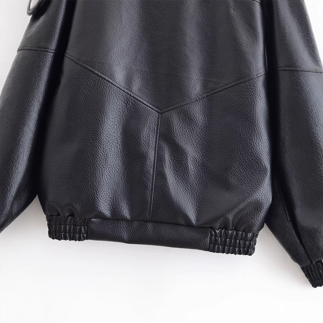 Ladies leather jacket with high stand-up collar and asymmetrical snap button placket Chichicherry