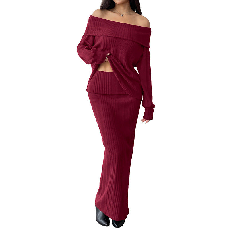 Women's Off-Shoulder Ribbed Knit Set with Bardot Neckline and Figure-Hugging Maxi Skirt Chichicherry