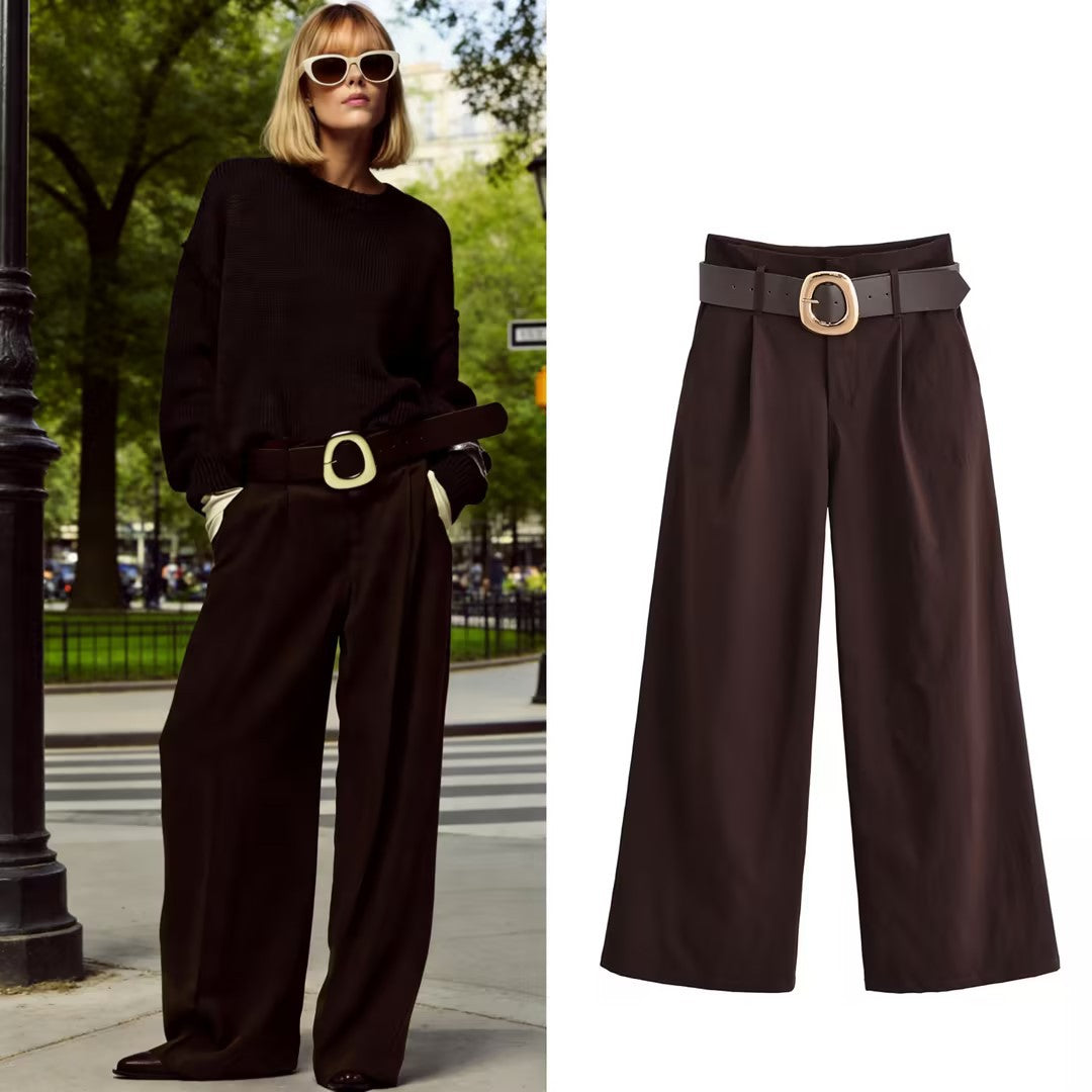 Women's High-Waisted Culotte Palazzo Trousers with Pleats and Wide Decorative Belt Chichicherry