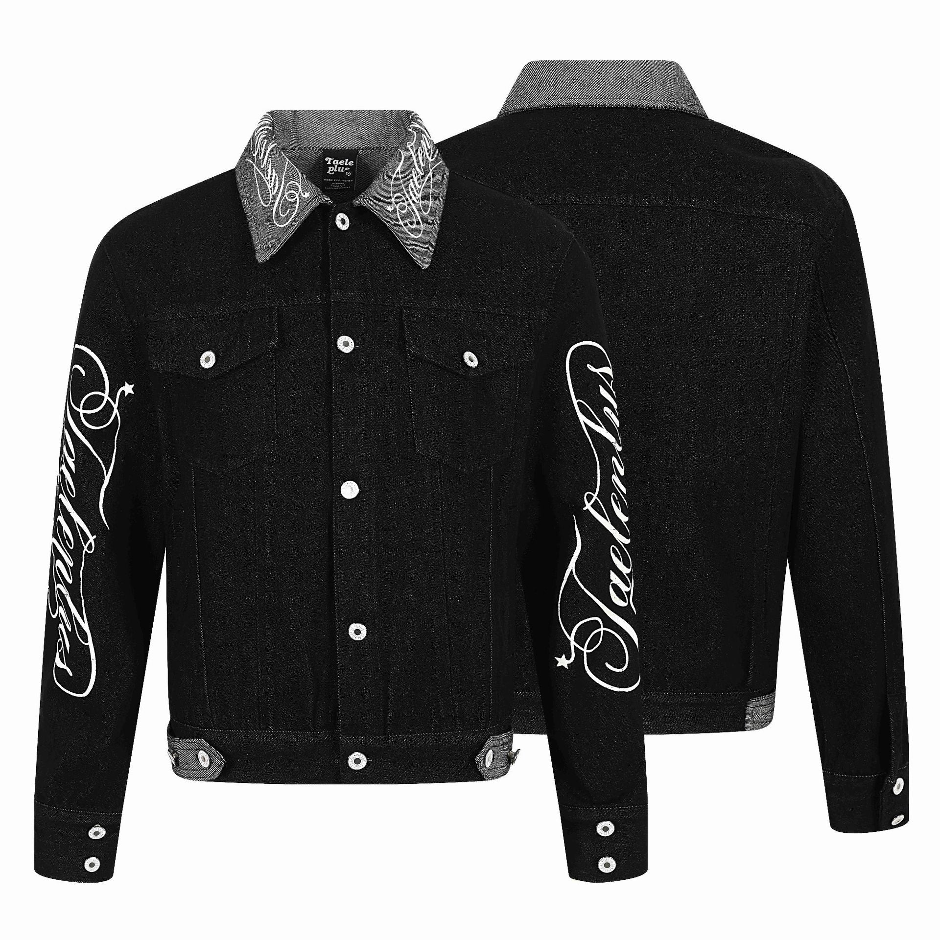 Men's denim blouson jacket with contrast collar and graphic sleeve prints Chichicherry