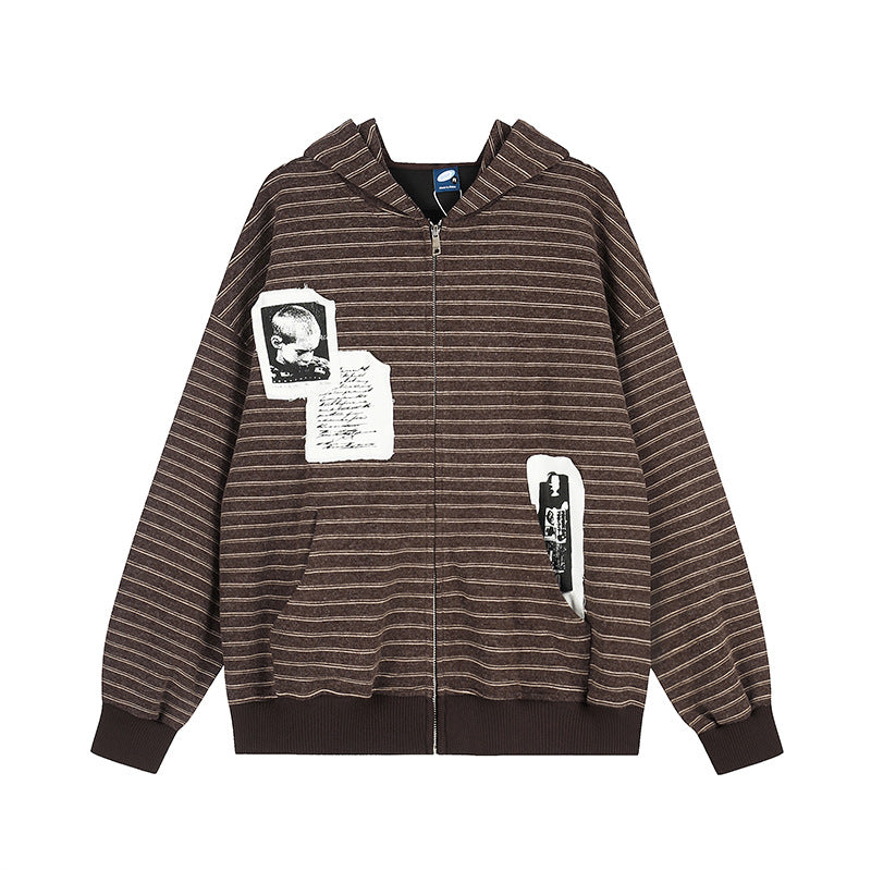 Unisex Hooded Zip Jacket in Oversized Striped Look with Photo Patch Applications Chichicherry